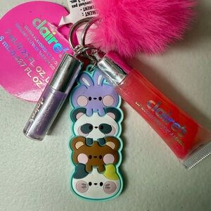 Claire's Squish ‘Em ADORABLE Animal Keychain with 2 Lip Glosses & Pink Pom Pom